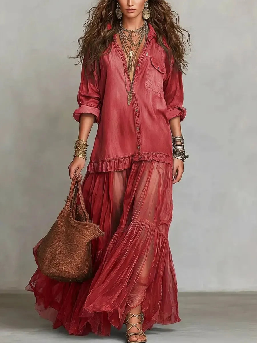 Denim Shirt & Tiered Mesh Maxi Skirt Set