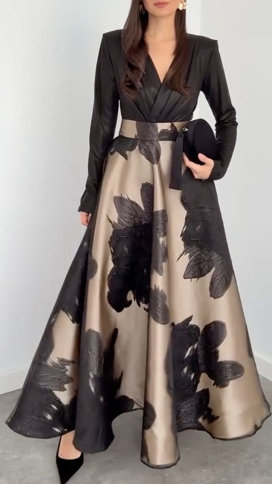 3D Floral Print Long‑Sleeve V‑Neck A‑Line Maxi Evening Dress