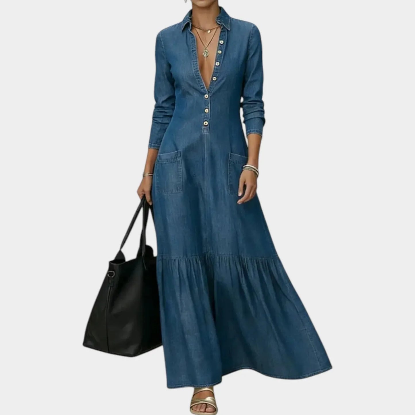 Classic Denim Maxi Shirt Dress with Ruffled Hem for Casual and Everyday Wear