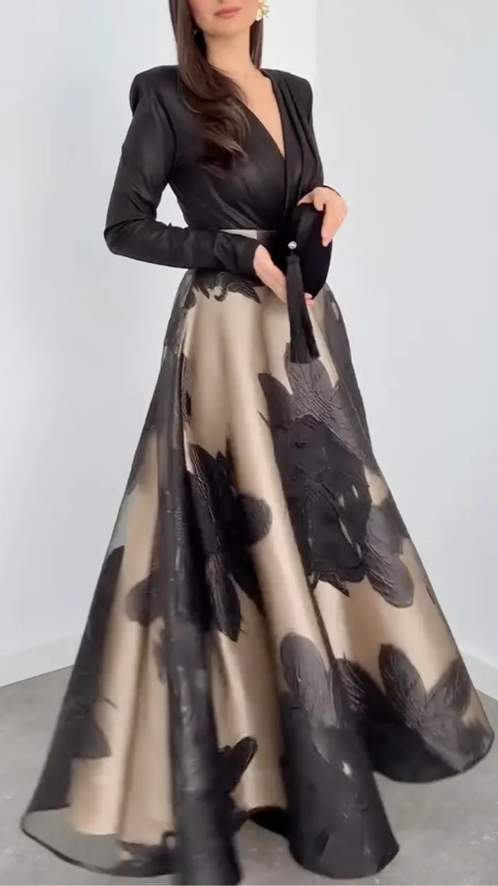 3D Floral Print Long‑Sleeve V‑Neck A‑Line Maxi Evening Dress