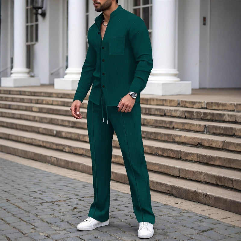 Casual Waffle Shirt Pants 2-Piece Set