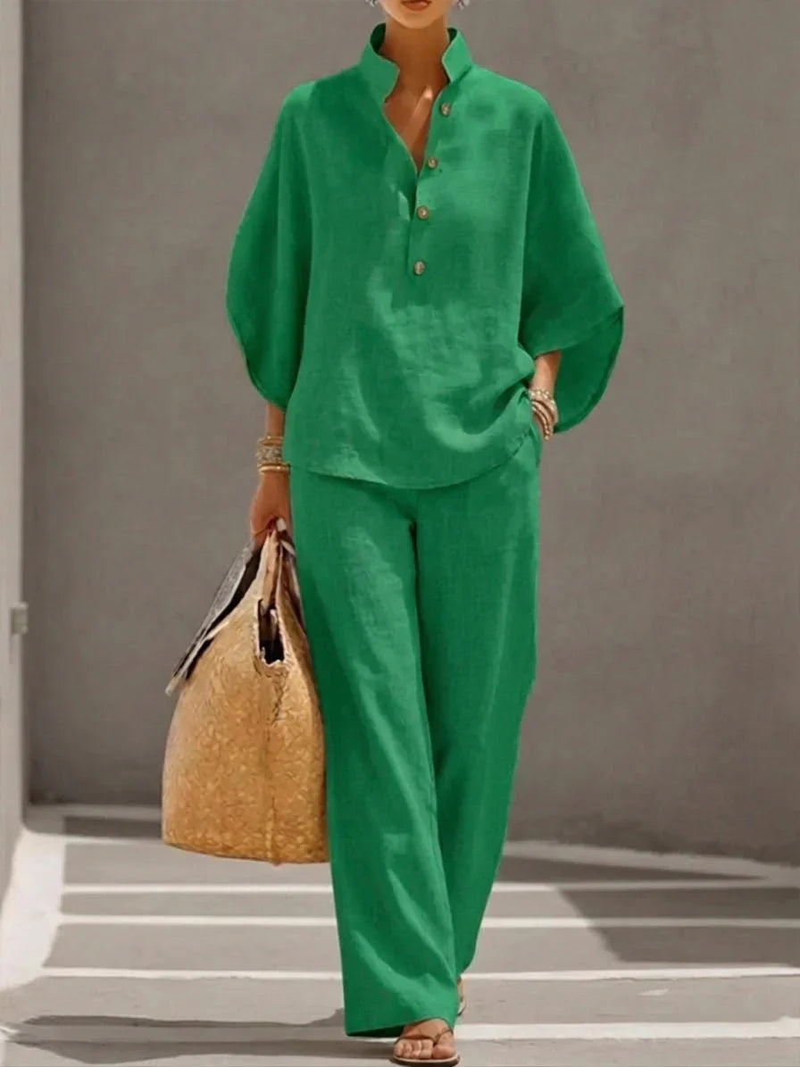 Casual Stand‐Collar Linen 2‐Piece Top & Wide Leg Pants Set
