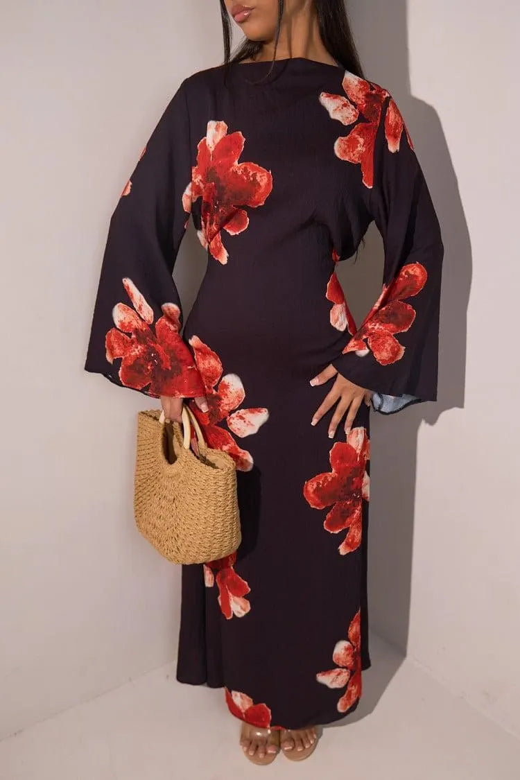 Floral Bell Sleeve Maxi Dress for Resort Wear, Beach Vacation & Casual Daily Outfits