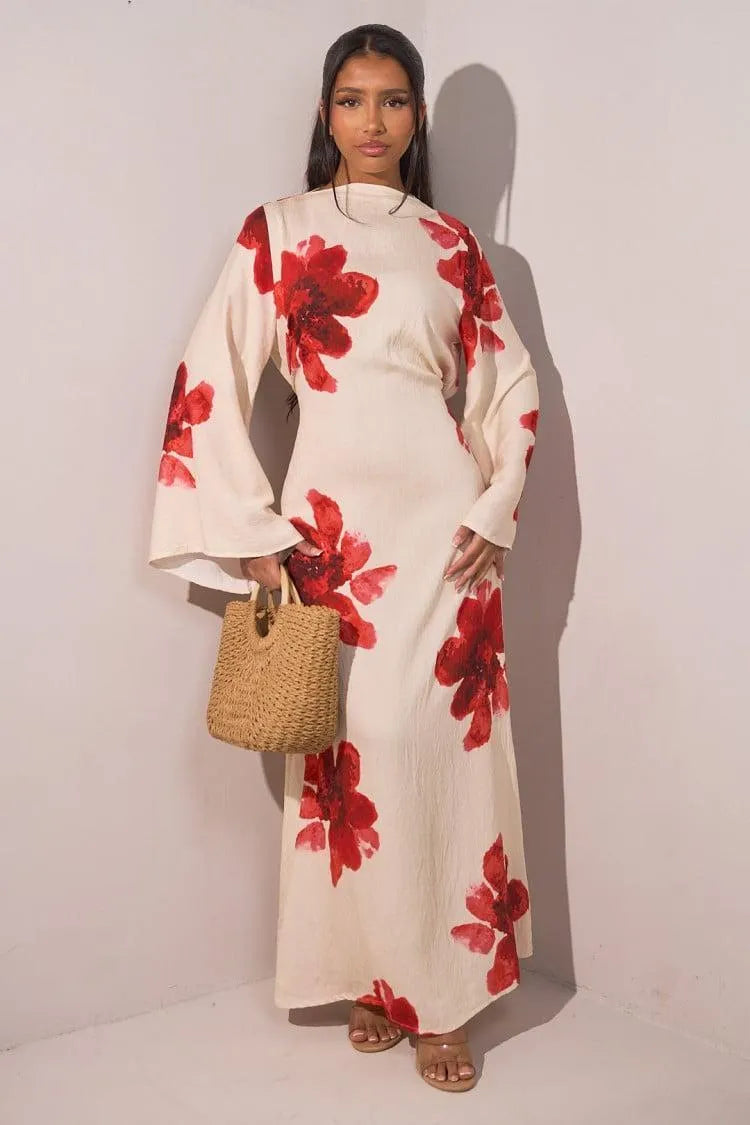 Floral Bell Sleeve Maxi Dress for Resort Wear, Beach Vacation & Casual Daily Outfits