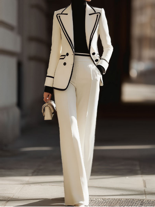 Contrast Trim Double‑Breasted Blazer Suit, Wide‑Leg Pants Two‑Piece Set