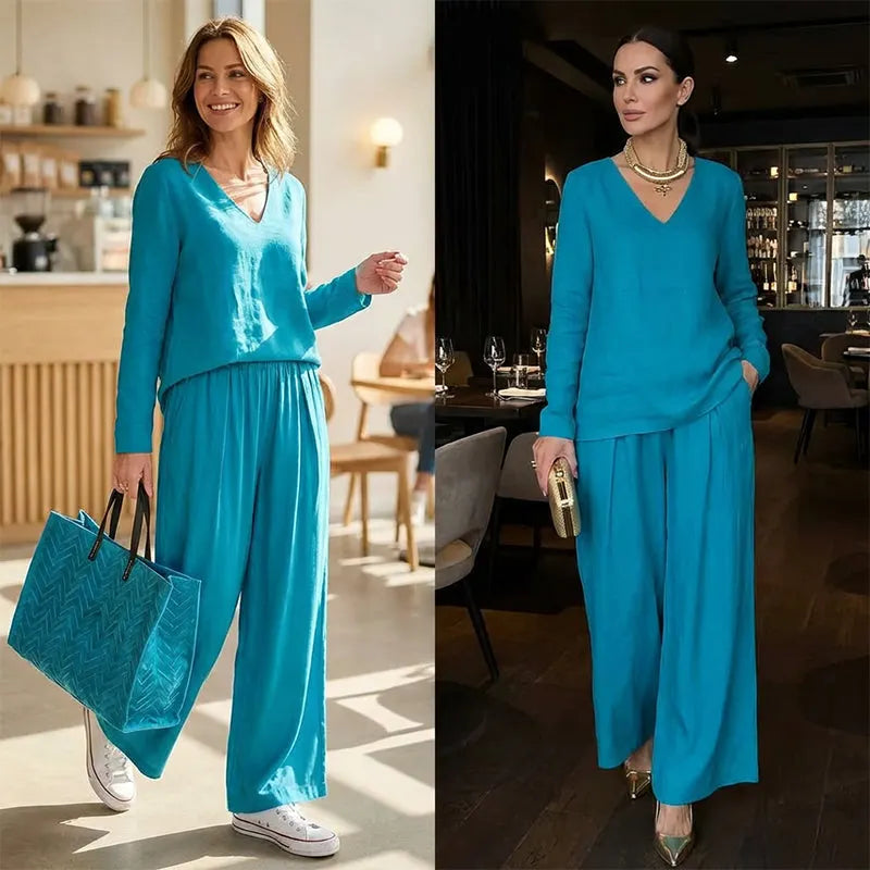 Chic Solid Color Two-Piece Outfit, V-Neck Blouse & High Waist Wide Pants