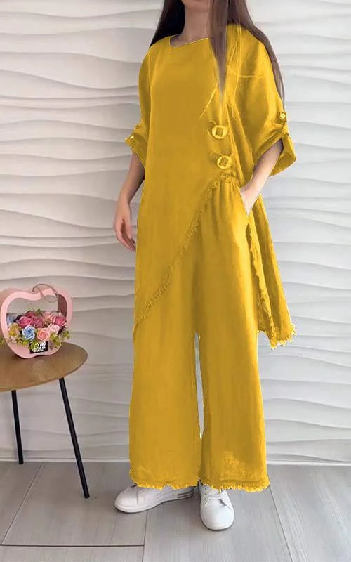 Stunning Cotton and Linen Round Neck Two-piece Suit