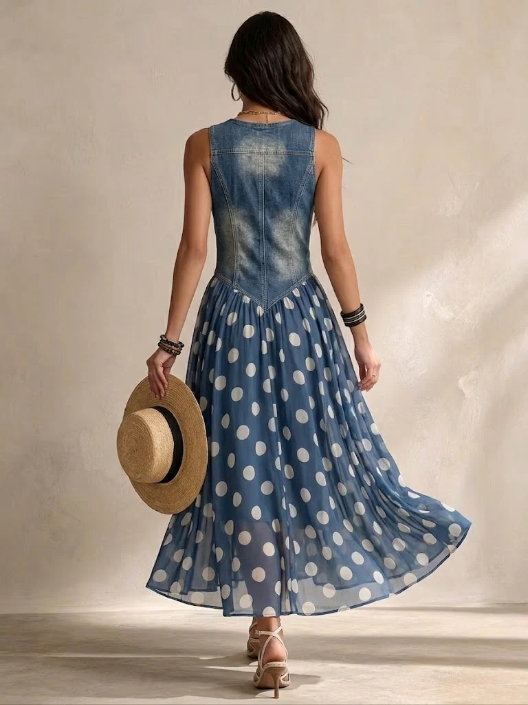 Denim Dress With Polka Dot Chiffon Skirt