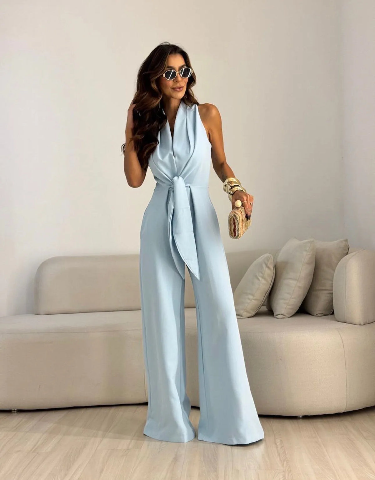 Halter Twist Knot Waist Jumpsuit, Sleeveless Wide‑Leg Jumpsuit