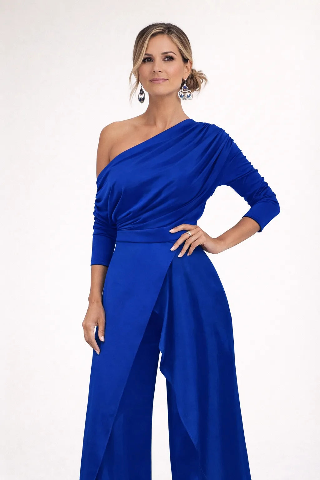 One Shoulder 3/4 Sleeve Wide Leg Split Jumpsuit