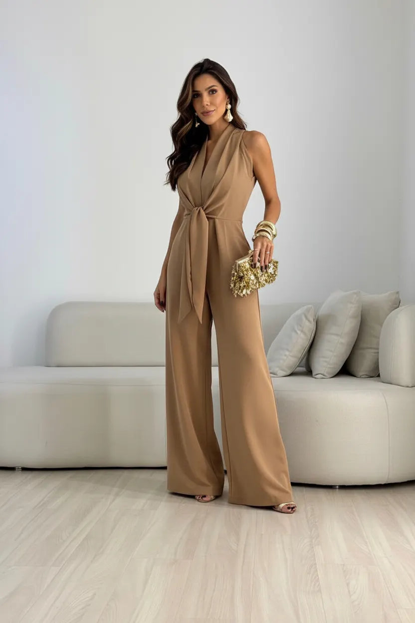 Halter Twist Knot Waist Jumpsuit, Sleeveless Wide‑Leg Jumpsuit