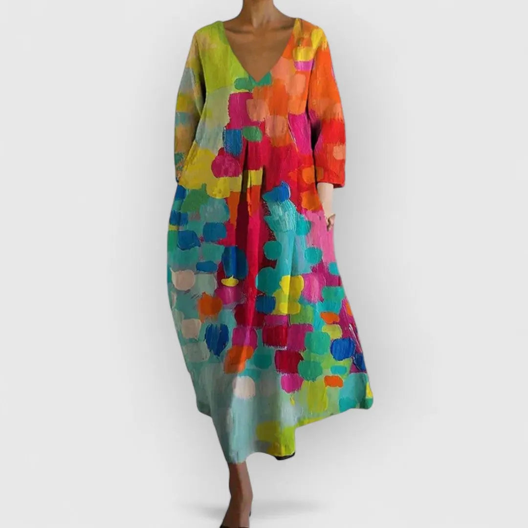 Oil Painting Art Print Loose V‑Neck 3/4 Sleeve Maxi Dress With Pockets