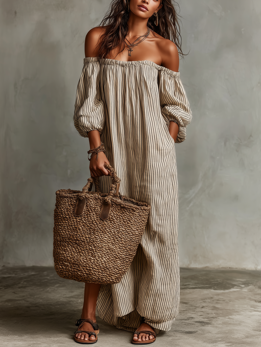 Casual Linen Blend Off‑The‑Shoulder Jumpsuit