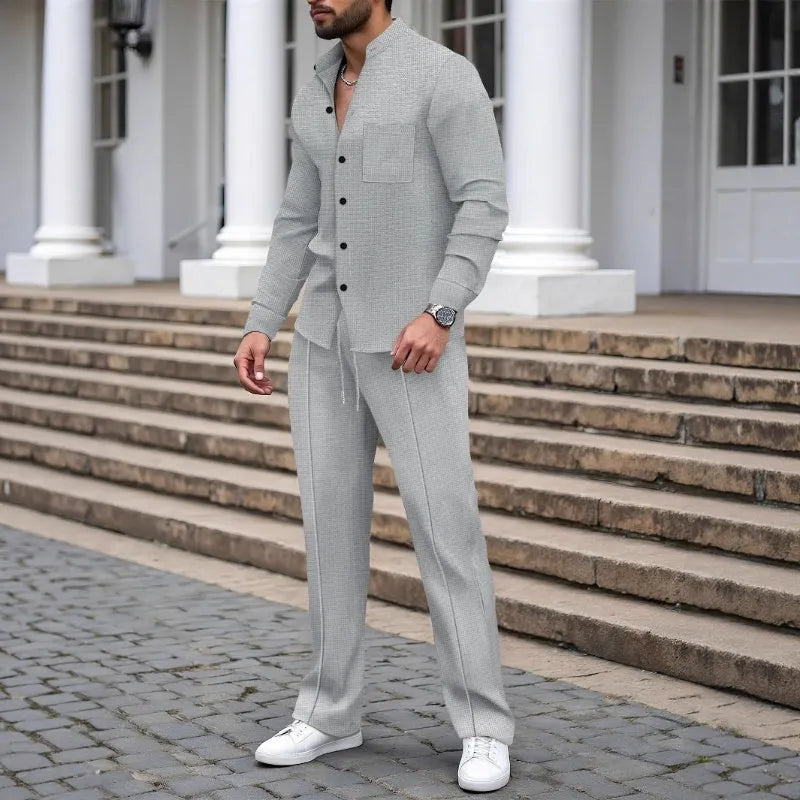 Casual Waffle Shirt Pants 2-Piece Set