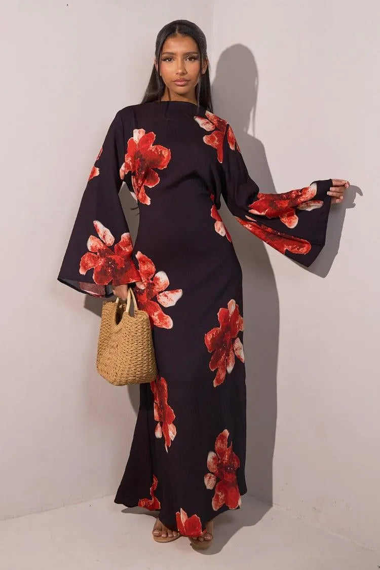 Floral Bell Sleeve Maxi Dress for Resort Wear, Beach Vacation & Casual Daily Outfits