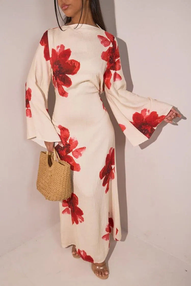 Floral Bell Sleeve Maxi Dress for Resort Wear, Beach Vacation & Casual Daily Outfits