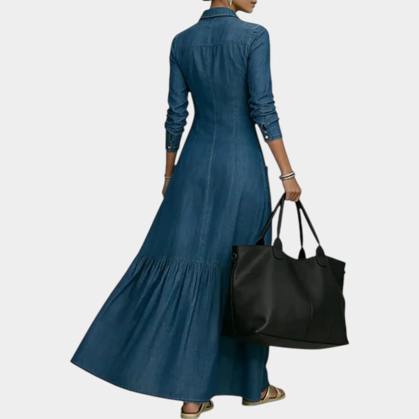 Classic Denim Maxi Shirt Dress with Ruffled Hem for Casual and Everyday Wear