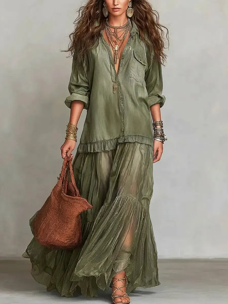 Denim Shirt & Tiered Mesh Maxi Skirt Set