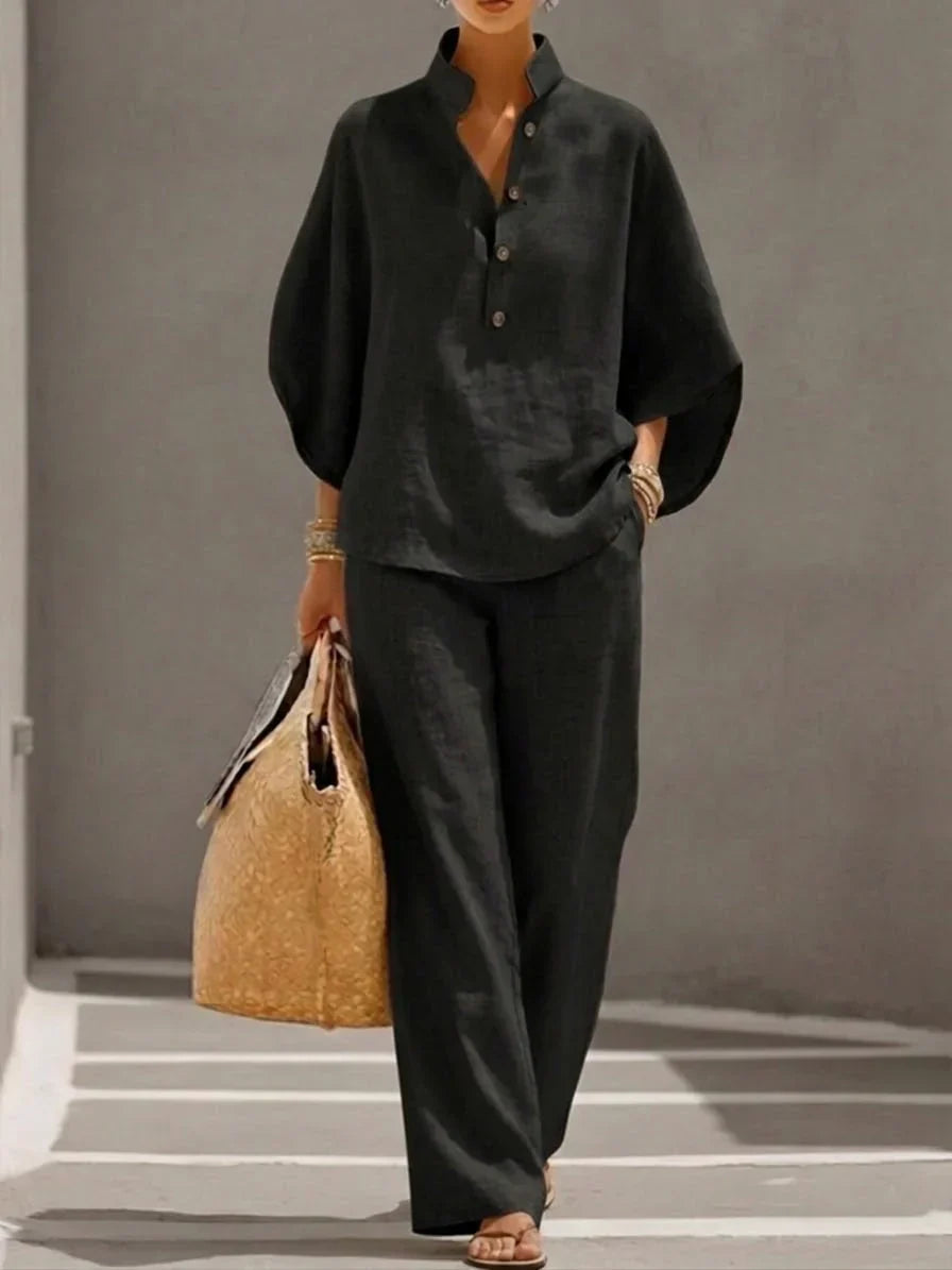 Casual Stand‐Collar Linen 2‐Piece Top & Wide Leg Pants Set