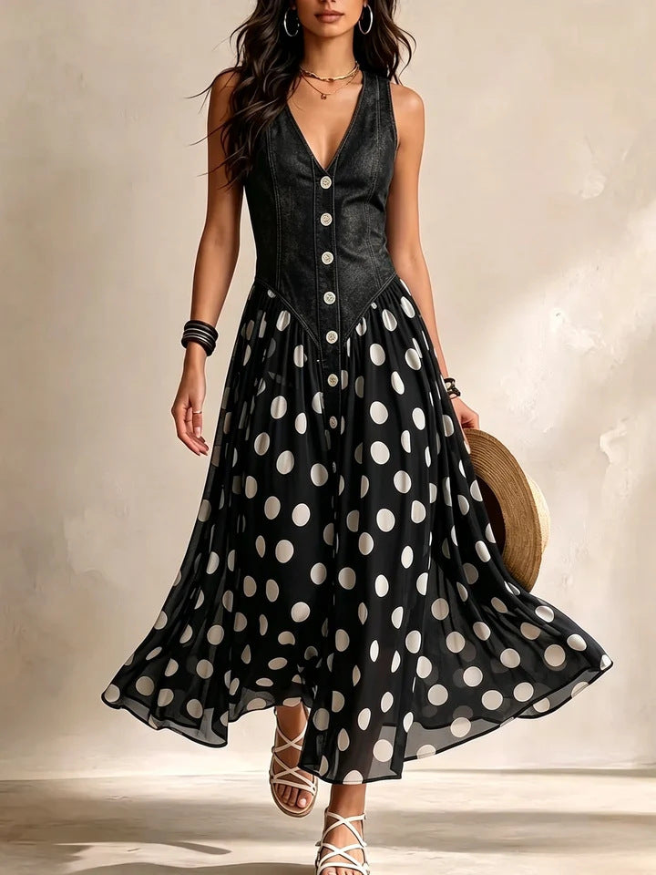 Denim Dress With Polka Dot Chiffon Skirt