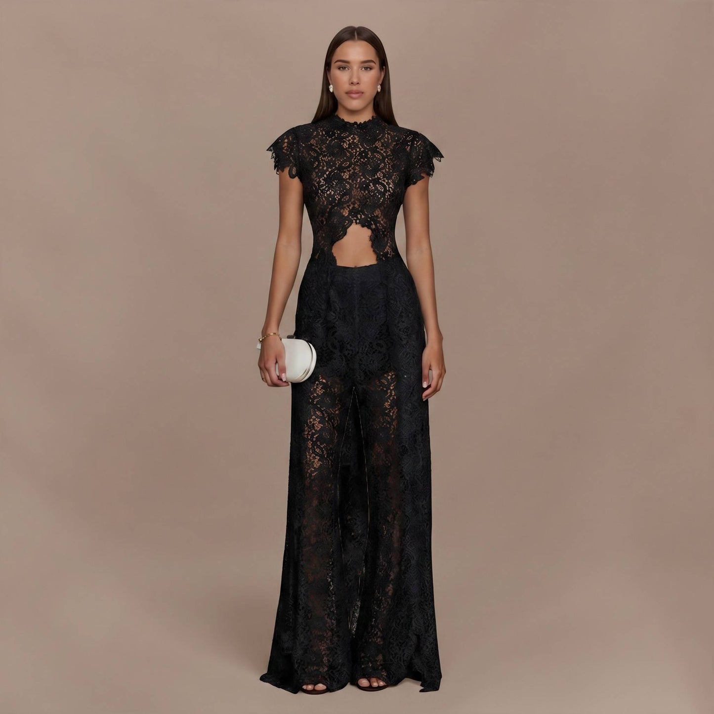 Cutout Lace Two‑Piece Formal Set, High‑Slit Wide Leg Pants Outfit
