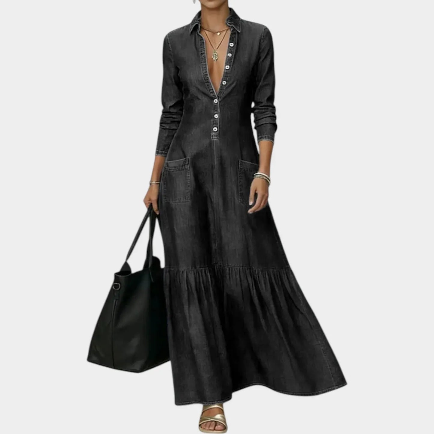 Classic Denim Maxi Shirt Dress with Ruffled Hem for Casual and Everyday Wear