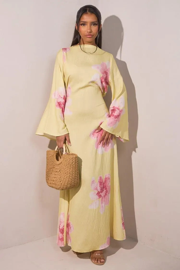 Floral Bell Sleeve Maxi Dress for Resort Wear, Beach Vacation & Casual Daily Outfits