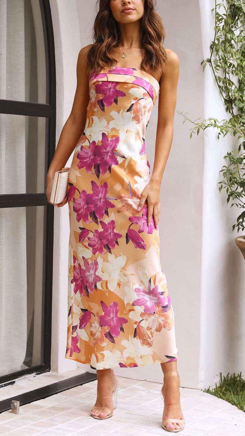 Tropical Floral Satin Strapless Midi Dress for Beach Vacation, Wedding Guest & Cocktail Party