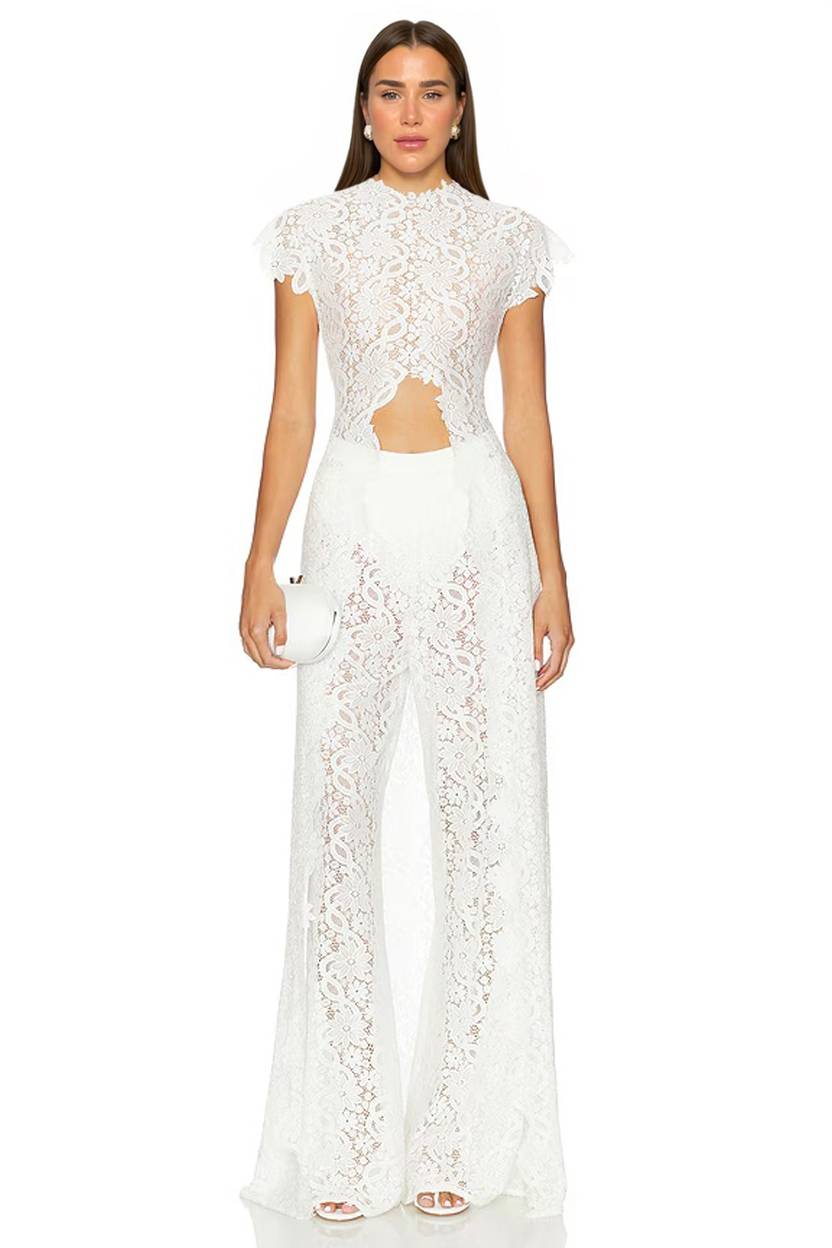 Cutout Lace Two‑Piece Formal Set, High‑Slit Wide Leg Pants Outfit
