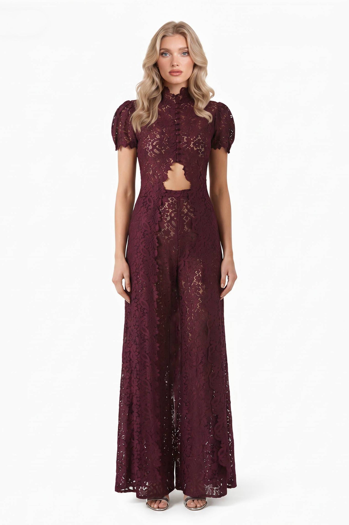 Cutout Lace Two‑Piece Formal Set, High‑Slit Wide Leg Pants Outfit
