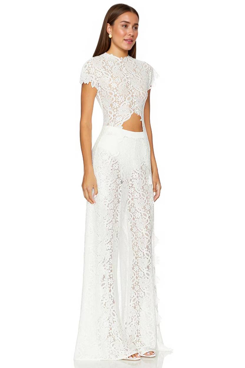 Cutout Lace Two‑Piece Formal Set, High‑Slit Wide Leg Pants Outfit