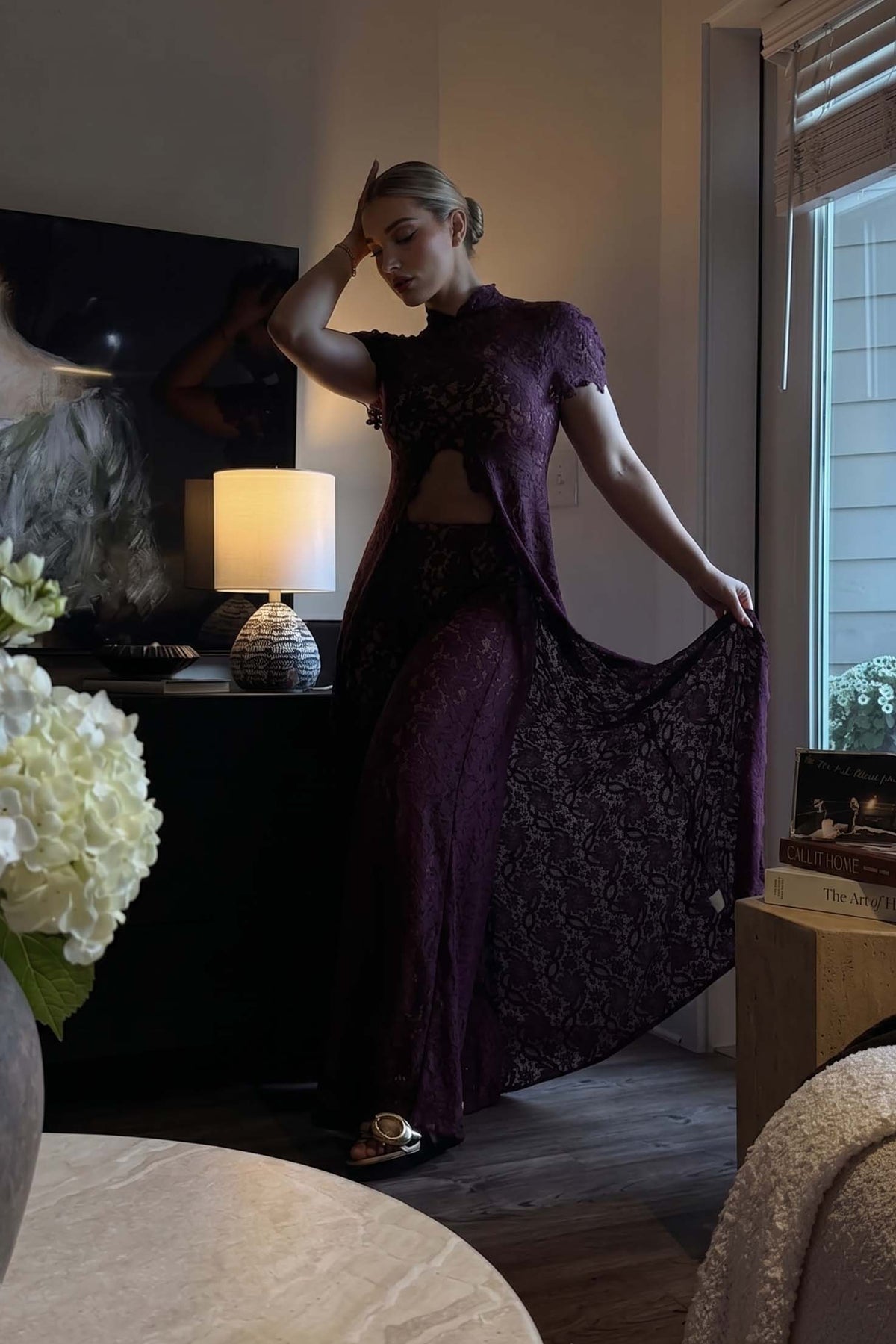 Cutout Lace Two‑Piece Formal Set, High‑Slit Wide Leg Pants Outfit