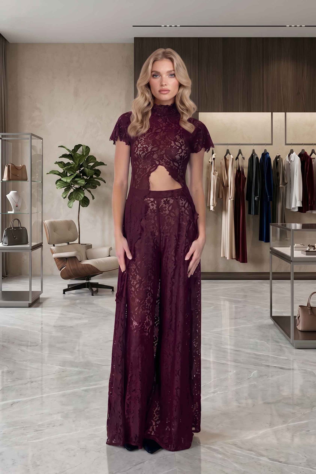 Cutout Lace Two‑Piece Formal Set, High‑Slit Wide Leg Pants Outfit