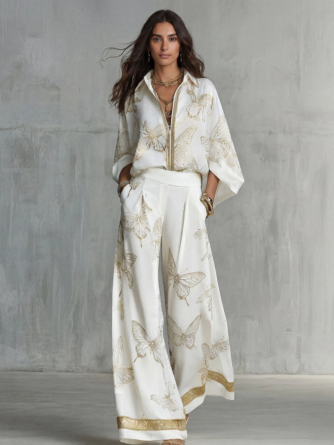Elegant Butterfly Print Zip-Up Top & Wide Leg Pants Set