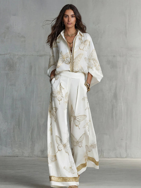Elegant Butterfly Print Zip-Up Top & Wide Leg Pants Set