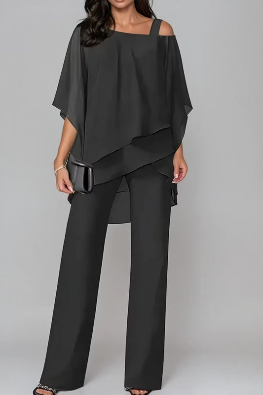 Elegant Layered Chiffon Top & Wide-Leg Pants Set