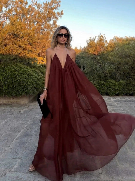 Elegant V-neck Chiffon Flowy Maxi Dress