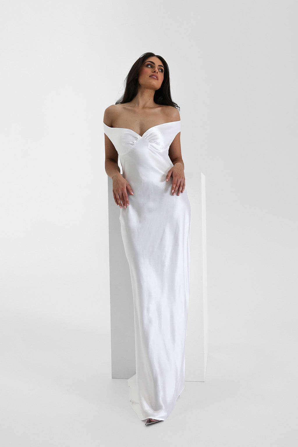 Satin Off-Shoulder Maxi Dress