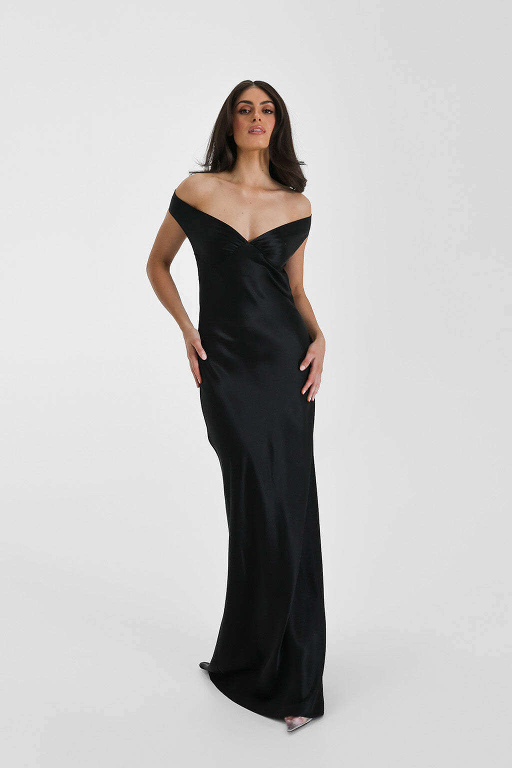Satin Off-Shoulder Maxi Dress