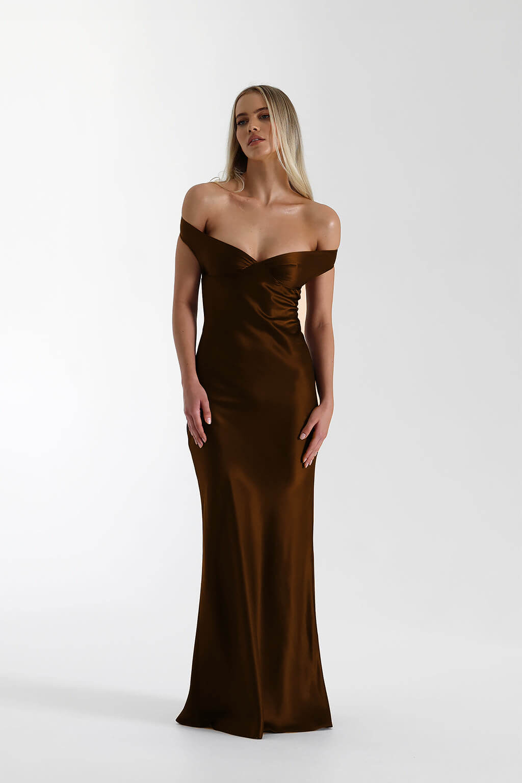 Satin Off-Shoulder Maxi Dress