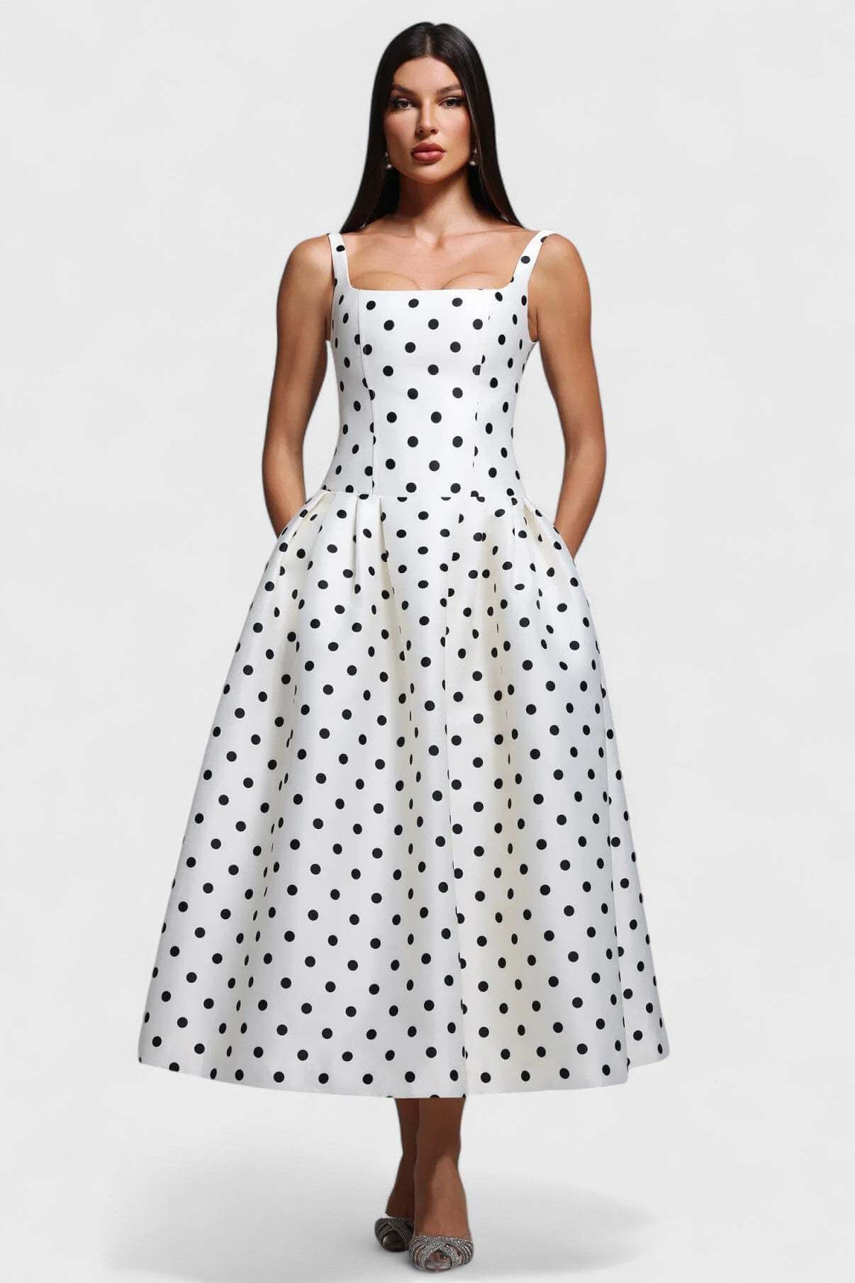Polka Dot Square Neck A-Line Midi Dress