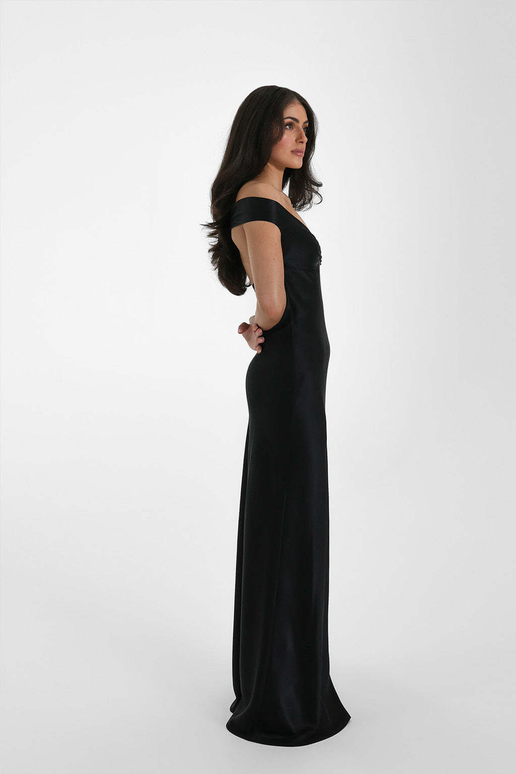 Satin Off-Shoulder Maxi Dress