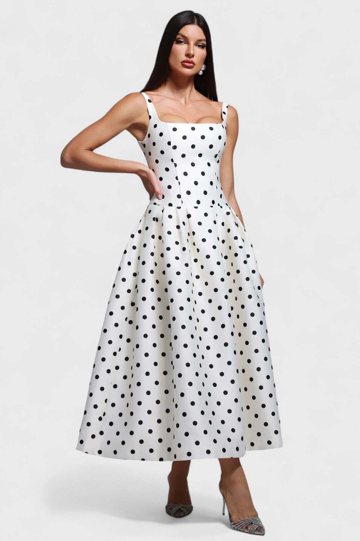 Polka Dot Square Neck A-Line Midi Dress