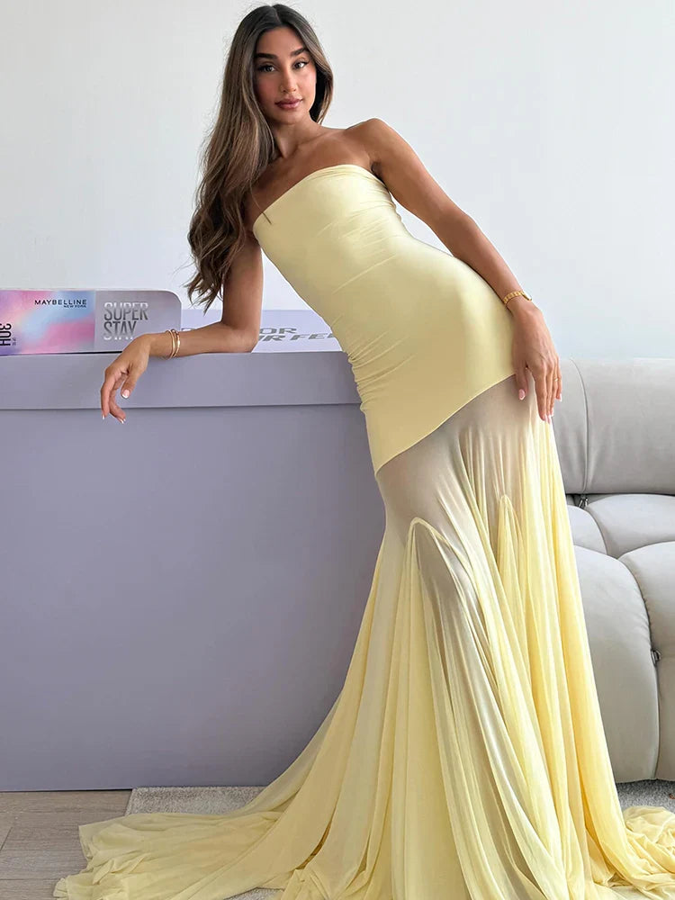 Strapless Mesh Tulle Maxi Dress