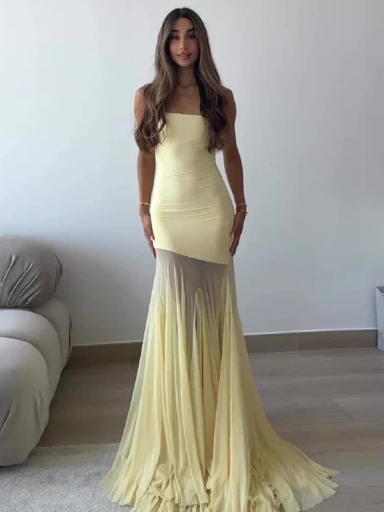 Strapless Mesh Tulle Maxi Dress