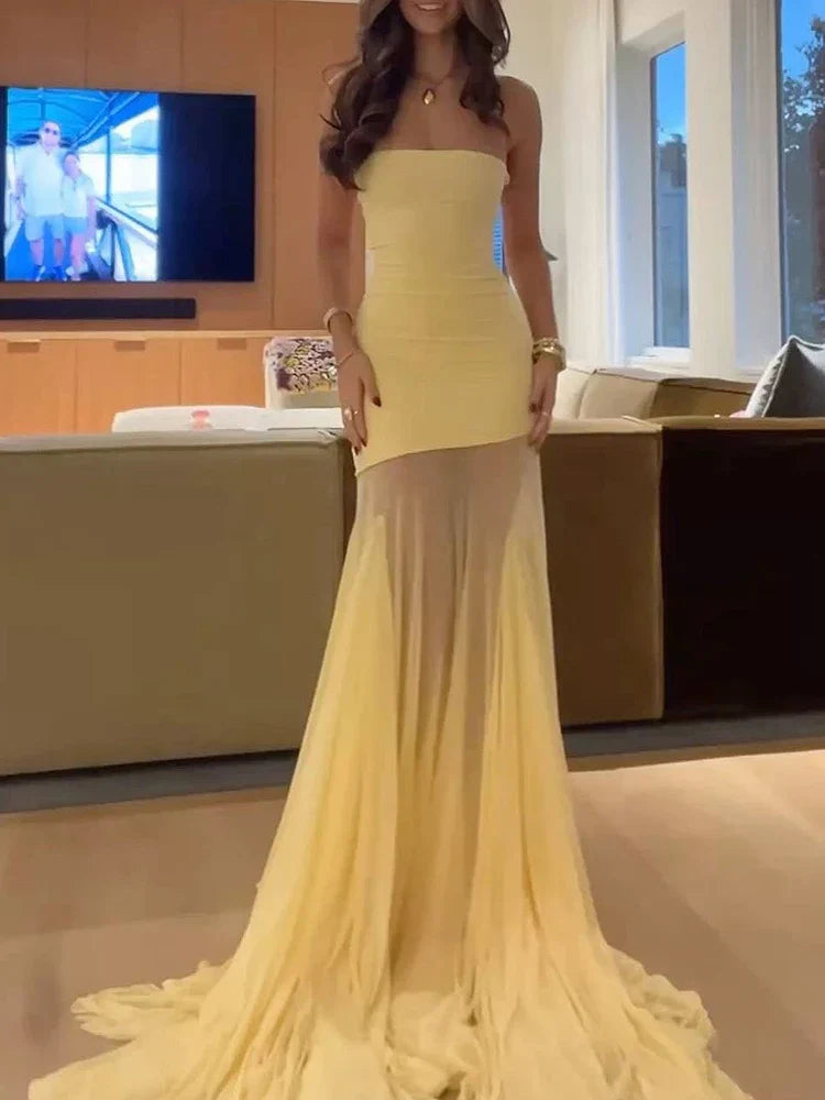 Strapless Mesh Tulle Maxi Dress