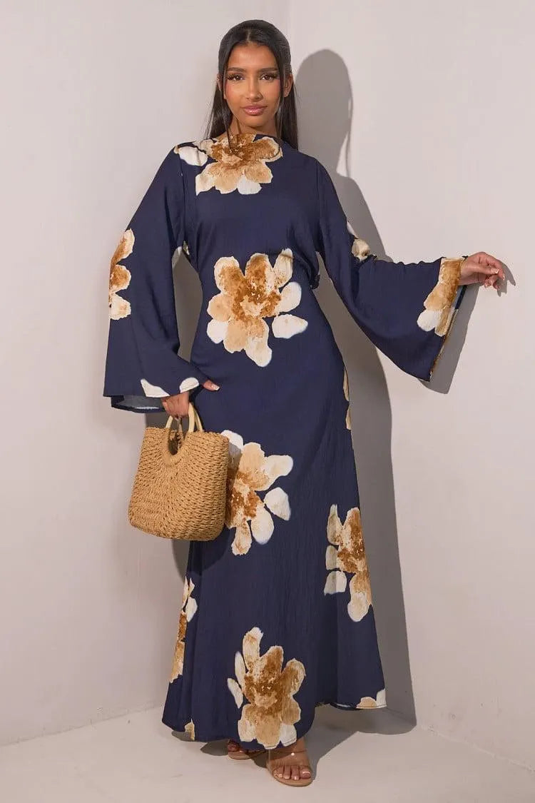 Floral Bell Sleeve Maxi Dress for Resort Wear, Beach Vacation & Casual Daily Outfits