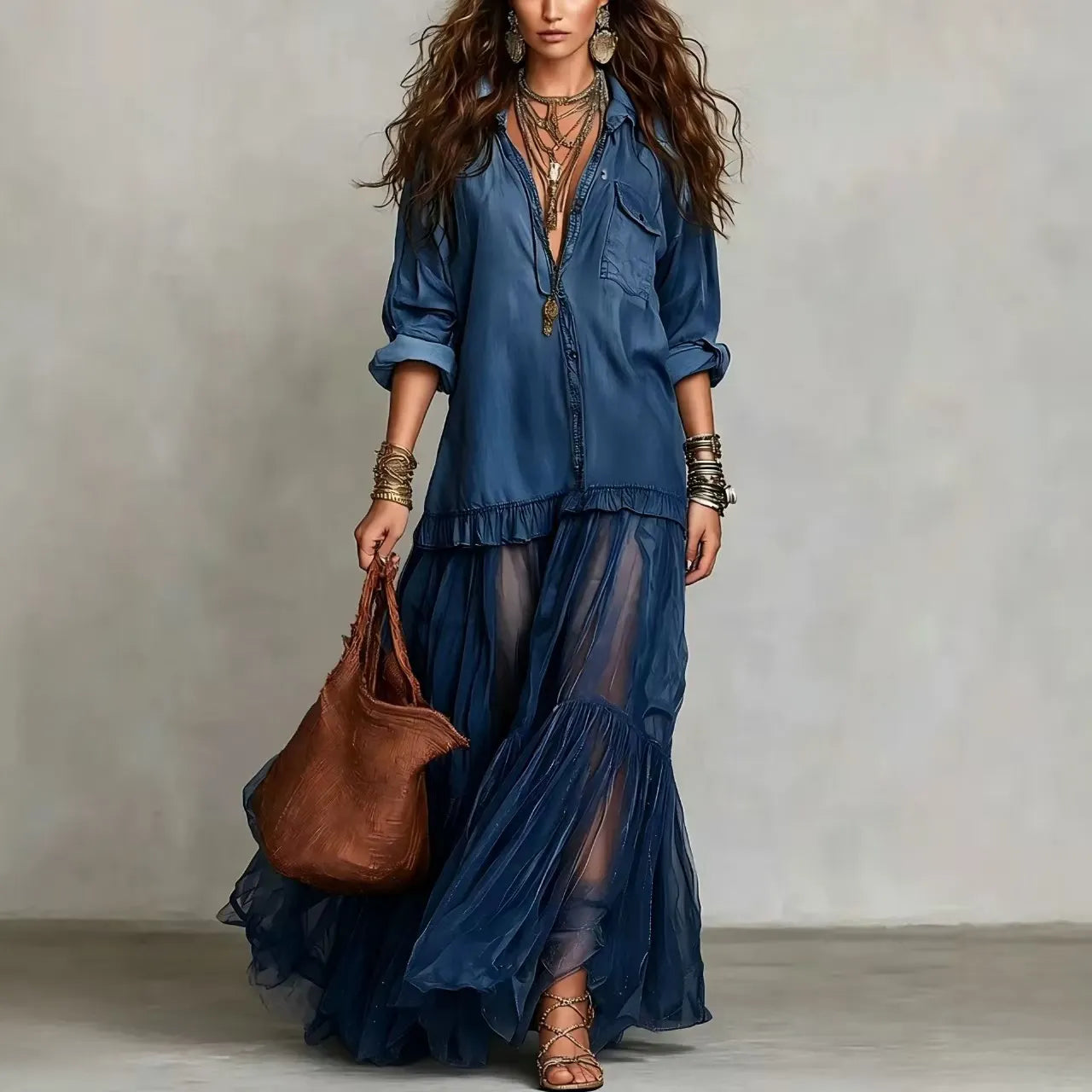 Denim Shirt & Tiered Mesh Maxi Skirt Set