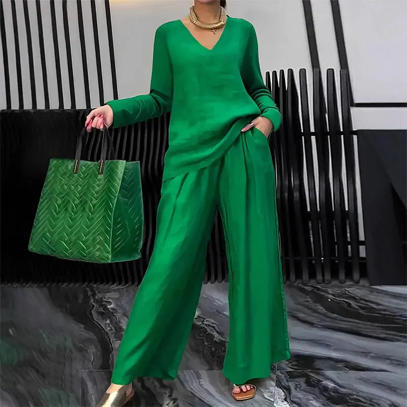Chic Solid Color Two-Piece Outfit, V-Neck Blouse & High Waist Wide Pants