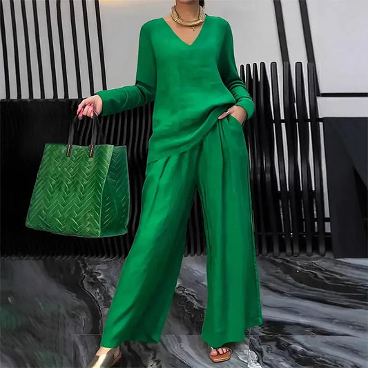 Chic Solid Color Two-Piece Outfit, V-Neck Blouse & High Waist Wide Pants